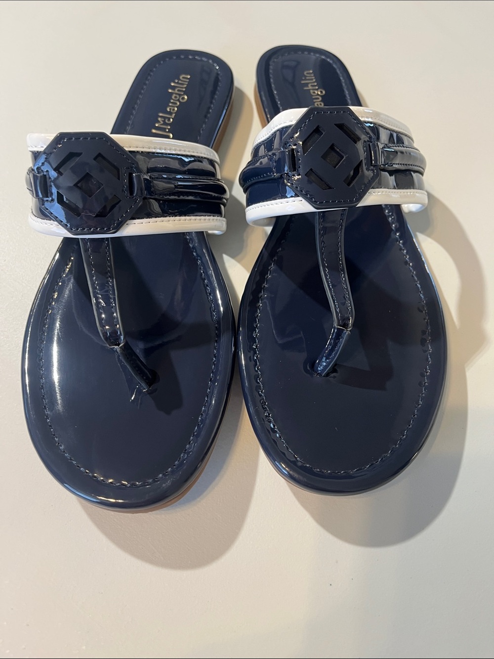 J. McLaughlin Navy Patent Leather Thong Sandals with White Trim - Picture 6 of 13
